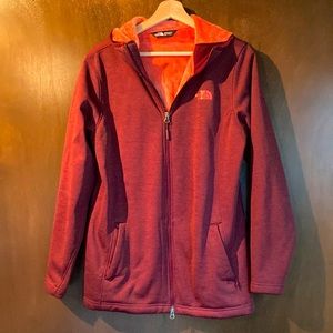 The North Face Soft Shell Hooded Maroon Jacket with Orange Fleece Lining NWOT